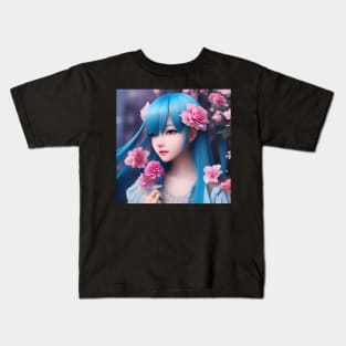 Beaux Animes Art  Manga Anime Girl with blue hair and roses everywhere Design Kids T-Shirt